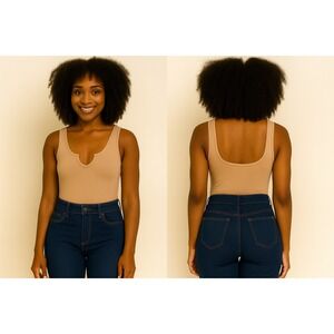 Zenana Sleeveless V-Neck Bodysuit Brush‎ Tank Top Casual Stretch Size S